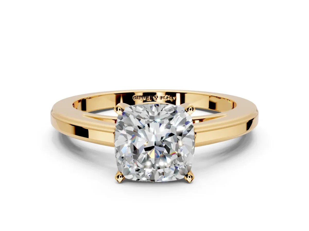 Solitaire Engagement Ring Setting for Cushion Cut Center with Flat-Sided Plain Band and Prong Head in Yellow Gold
