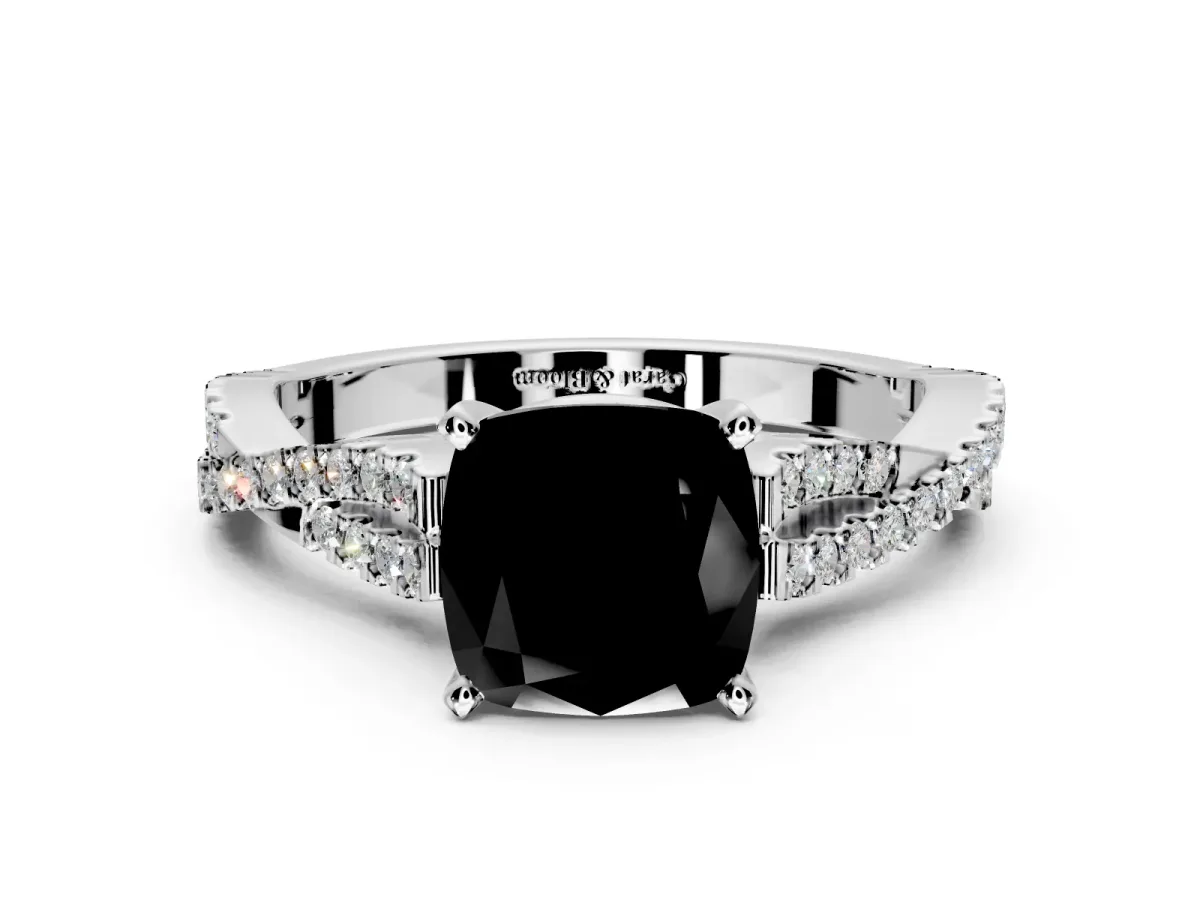 Solitaire Engagement Ring Setting for Fancy Black Cushion Cut Center with Twisted Pave Split Shank and Prong Head in Sterling Silver