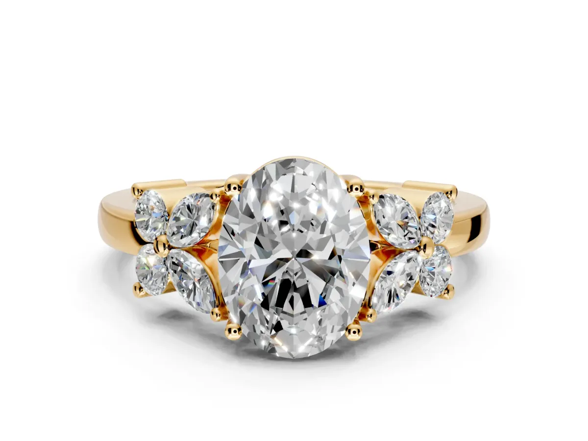 Floral Engagement Ring Setting for Oval Center with Marquise Cluster Shoulders and Prong Head in Yellow Gold