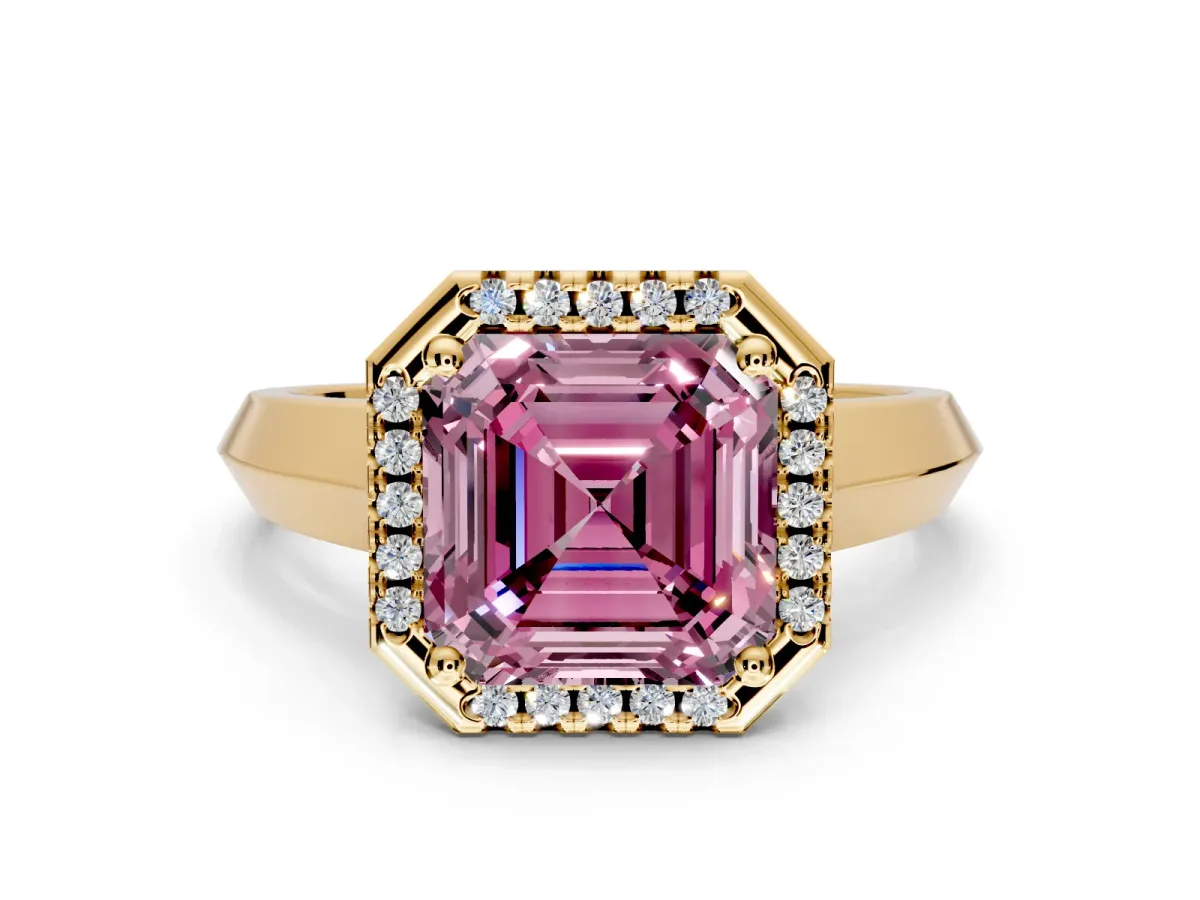 Halo Engagement Ring Setting for Fancy Pink Asscher Cut Center with Knife Ridge Cathedral Band and Prong Head in Yellow Gold