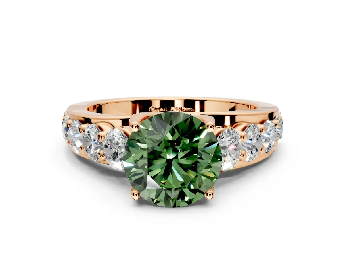 Solitaire Engagement Ring Setting for Fancy Green Round Cut Center with Graduated Shared Prongs and Prong Head in Rose Gold