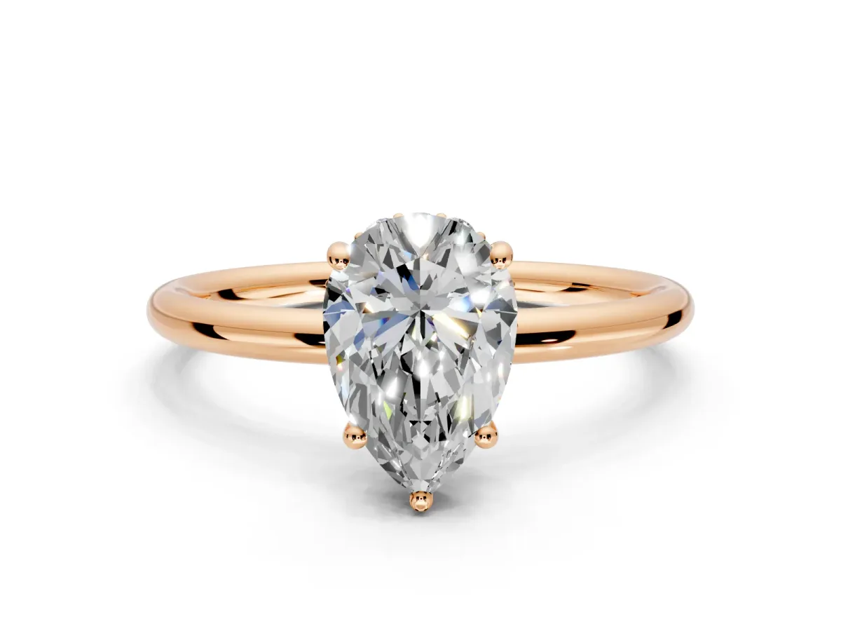 Solitaire Engagement Ring Setting for Pear-Shaped Center with Plain Band, Open Basket and Prong Head in Rose Gold