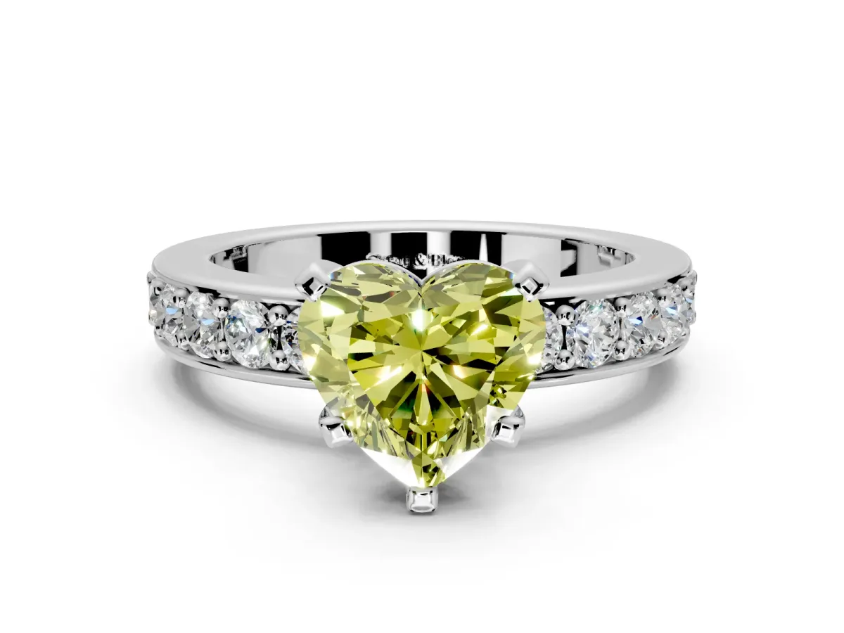 Solitaire Engagement Ring Setting for Fancy Yellow Heart-Shaped Center with Channel-Set Accents and Prong Head in White Gold