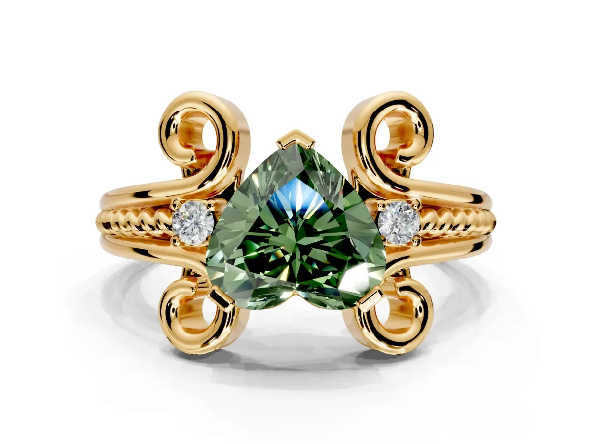 Solitaire Engagement Ring Setting for Fancy Green Heart-Shaped Center with Twisted Band and Scroll Prong Head in Yellow Gold