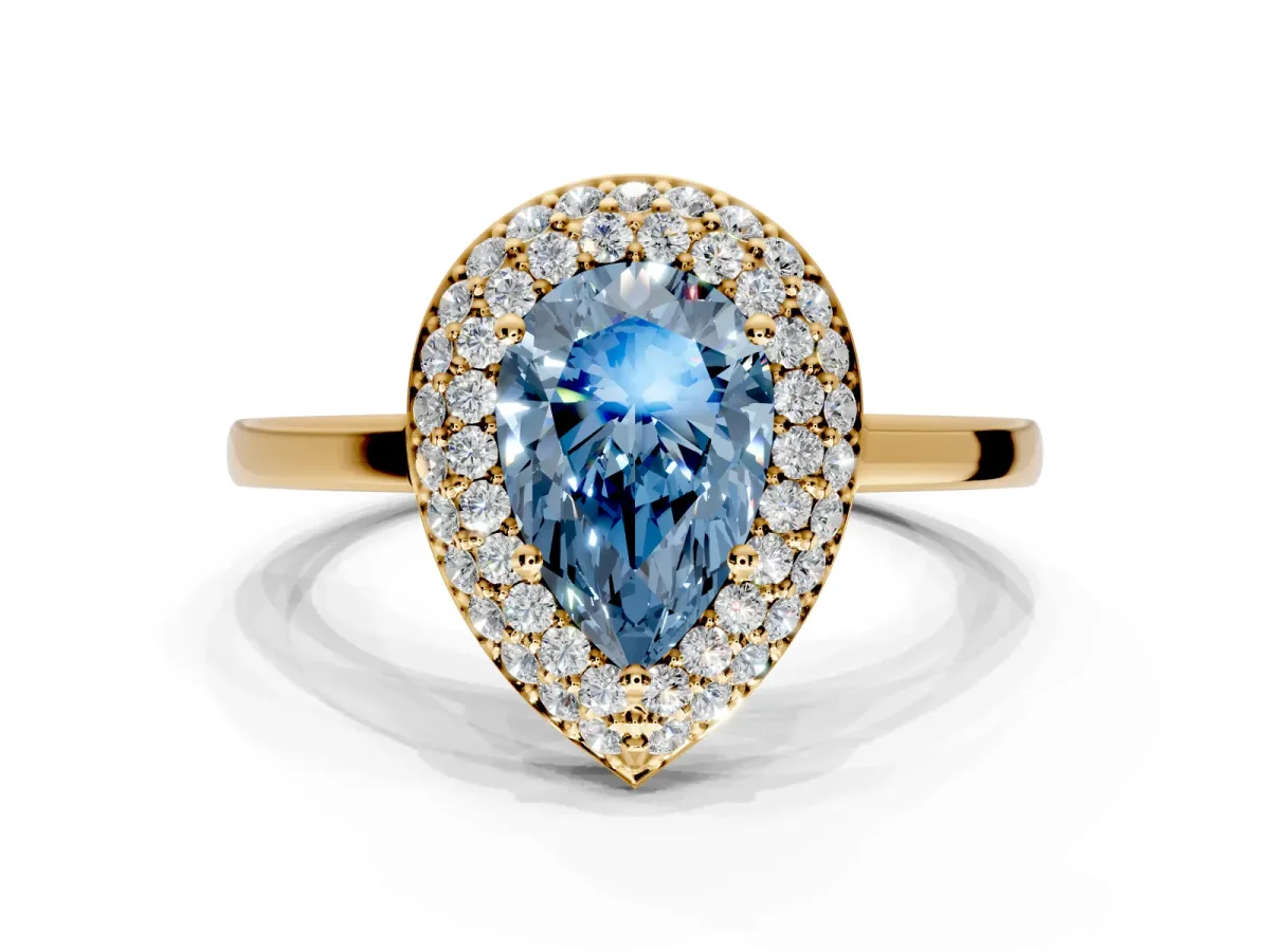 Halo Engagement Ring Setting for Fancy Blue Pear-Shaped Center with Plain Tapered Band and Prong Head in Yellow Gold