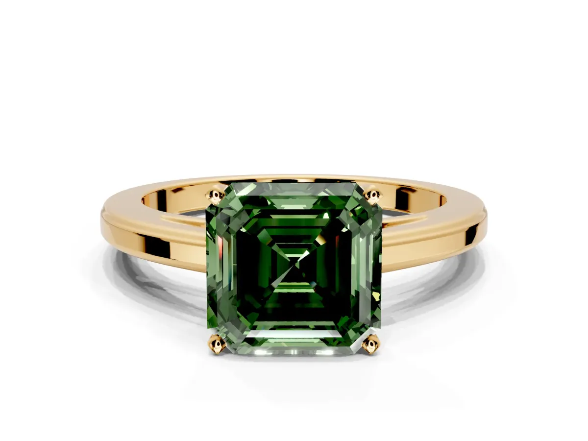 Solitaire Engagement Ring Setting for Fancy Green Asscher Cut Center with Flat-Sided Plain Band and Prong Head in Yellow Gold