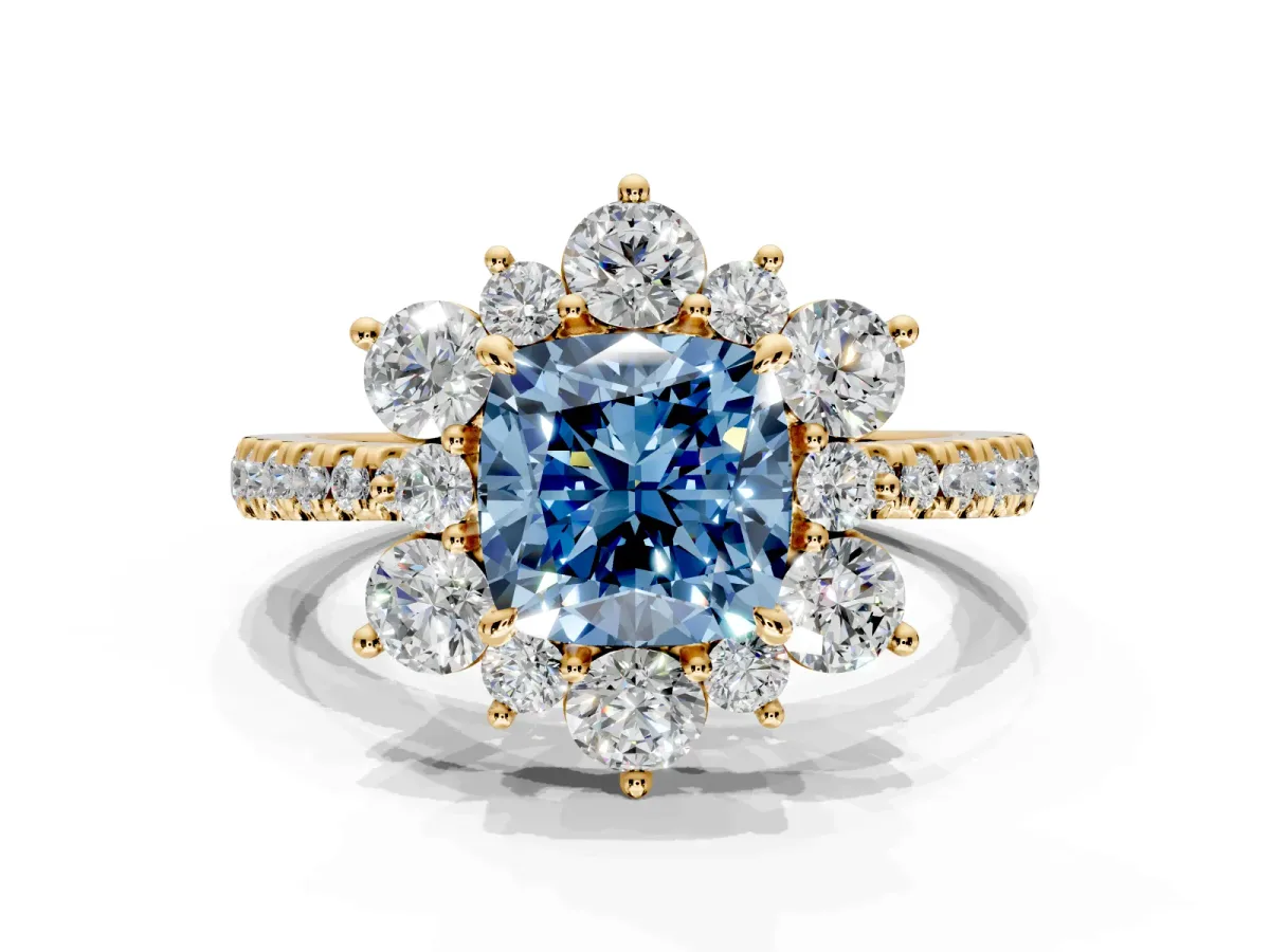Floral Halo Engagement Ring Setting for Fancy Blue Cushion Cut Center with Pave Accents and Prong Head in Yellow Gold