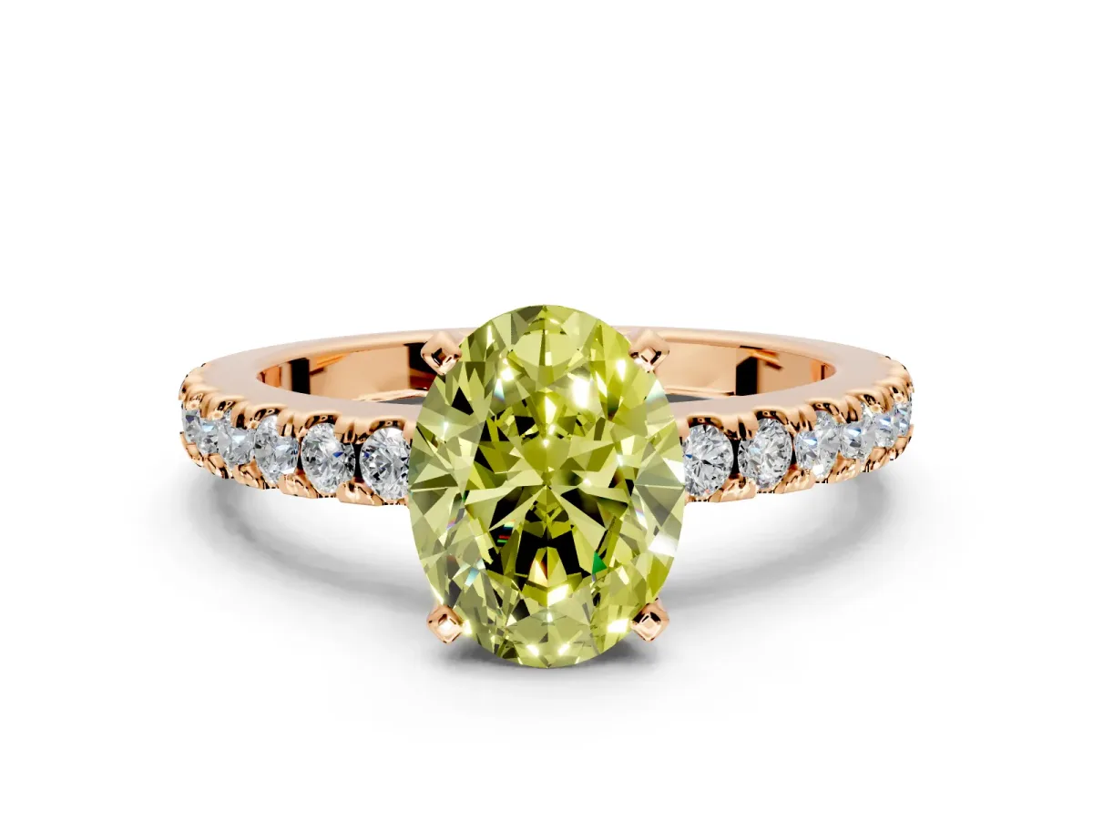 Solitaire Engagement Ring Setting for Fancy Yellow Oval Center with Single Row Accent Band and Prong Head in Rose Gold
