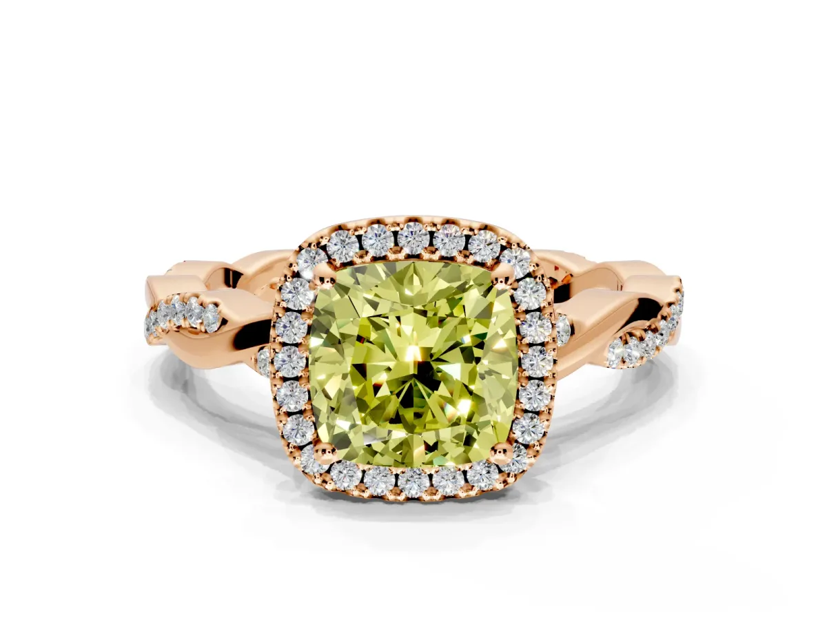 Halo Engagement Ring Setting for Fancy Yellow Cushion Cut Center with Pave and Plain Twist Band and Prong Head in Rose Gold