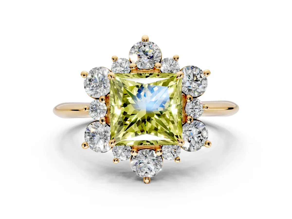 Small-Accent Cluster Halo Engagement Ring Setting for Fancy Yellow Princess Cut Center with Plain Band and Prong Head in Yellow Gold