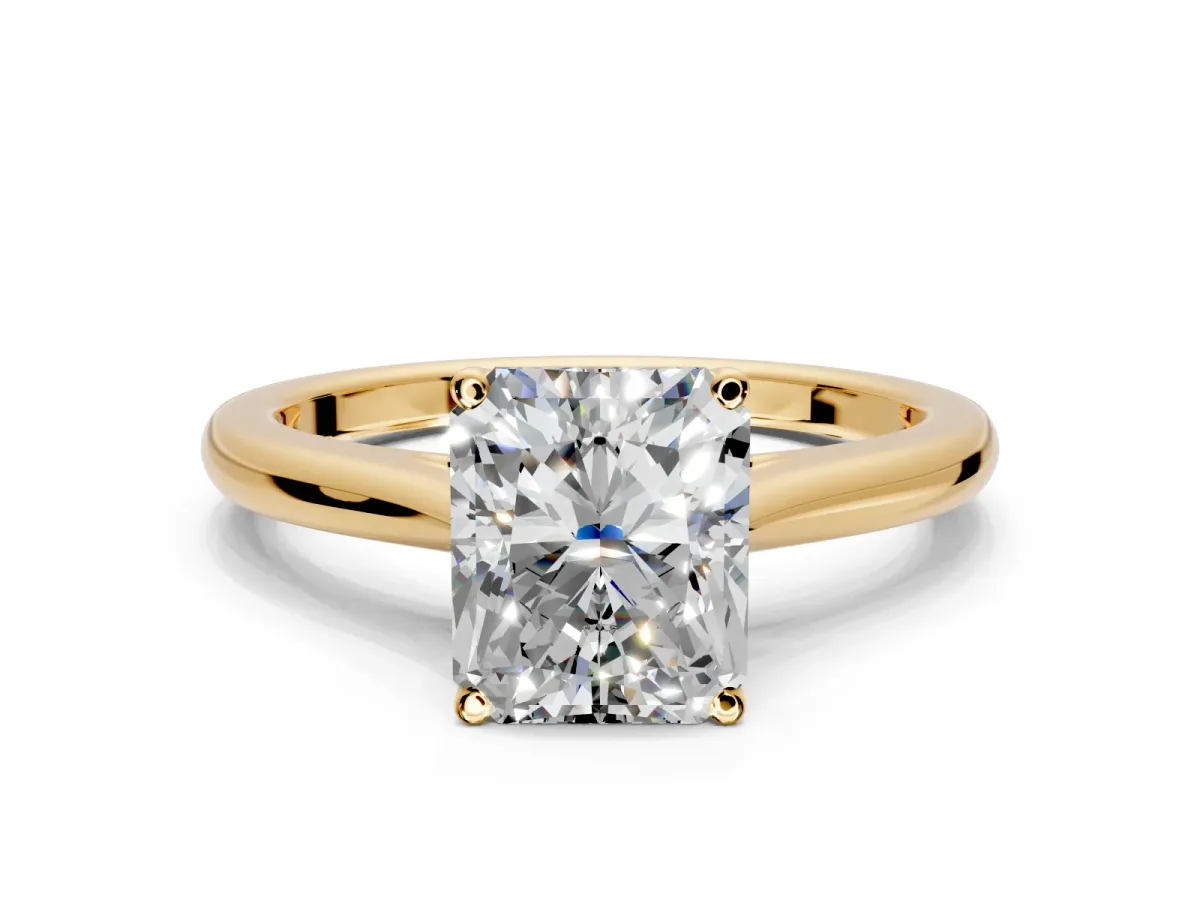 Solitaire Engagement Ring Setting for Radiant Cut Center with Narrow Cathedral Band and Prong Head in Yellow Gold