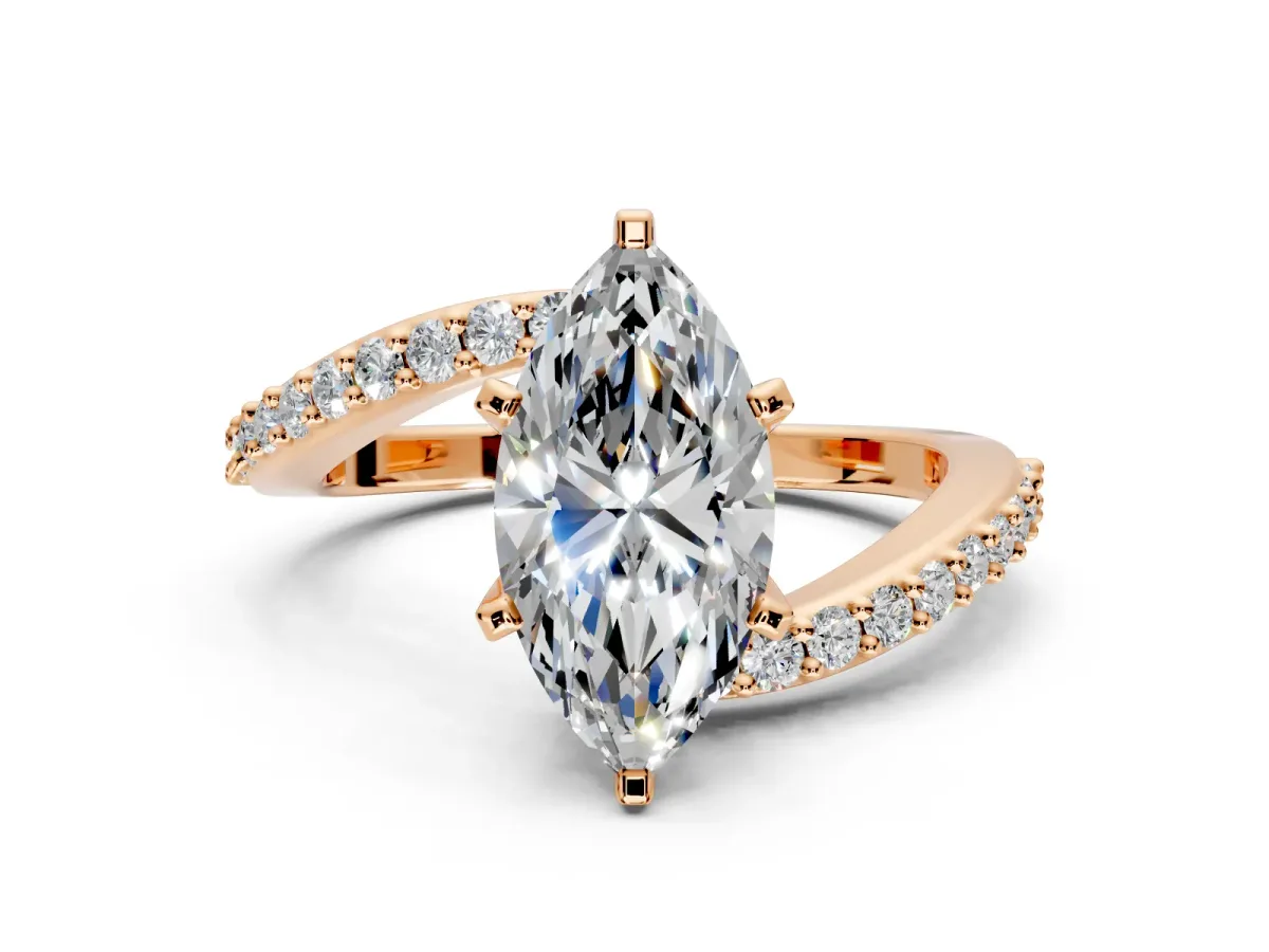 Solitaire Engagement Ring Setting for Marquise Center with Pave Bypass Swirl Band and Prong Head in Rose Gold