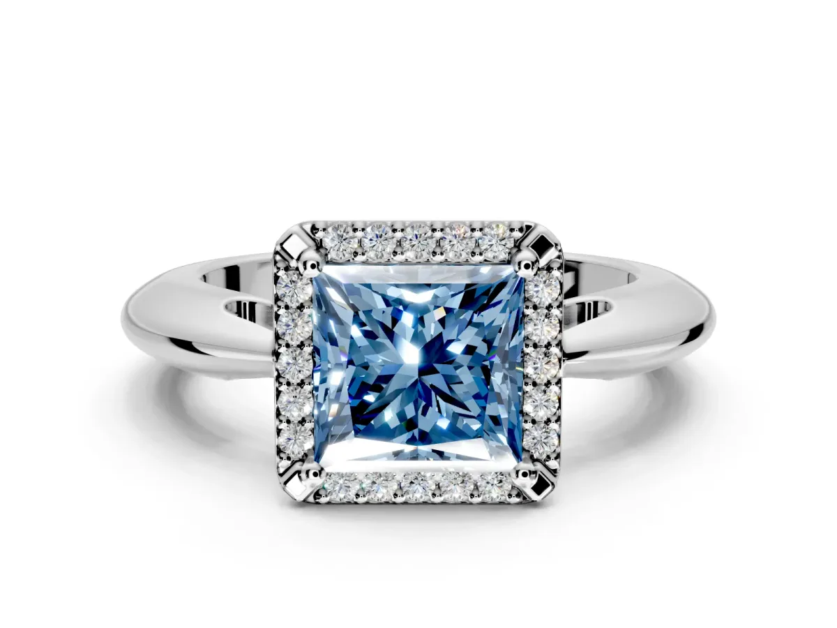 Halo Engagement Ring Setting for Fancy Blue Princess Cut Center with Tapered Plain Band and Prong Head in Platinum