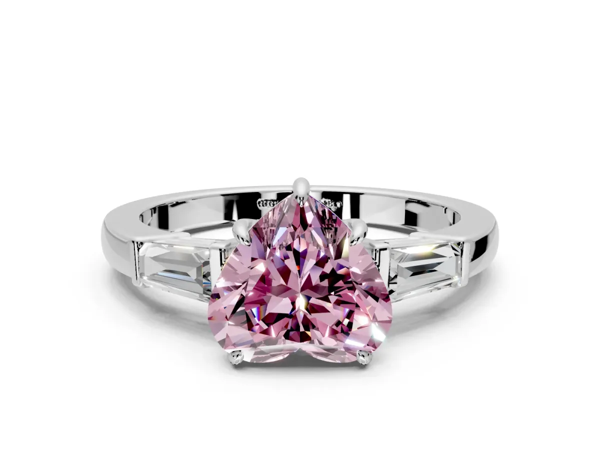 3 Stone Engagement Ring Setting for Fancy Pink Heart-Shaped Center with Baguette Accents and Prong Head in White Gold