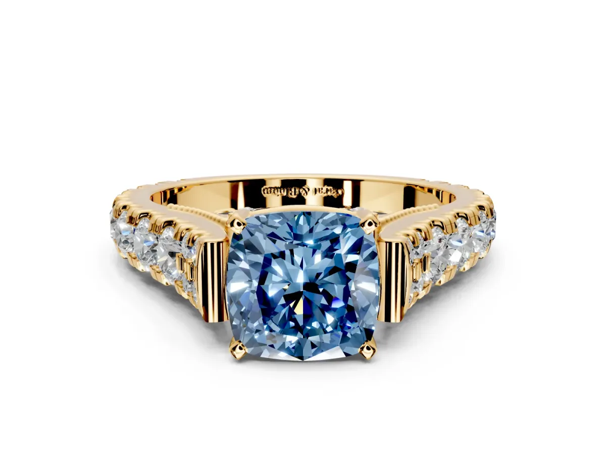 Solitaire Engagement Ring Setting for Fancy Blue Cushion Cut Center with Pave Cathedral Shoulders and Prong Head in Yellow Gold