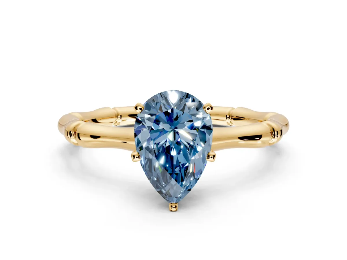 Solitaire Engagement Ring Setting for Fancy Blue Pear-Shaped Center with Bamboo Band and Prong Head in Yellow Gold