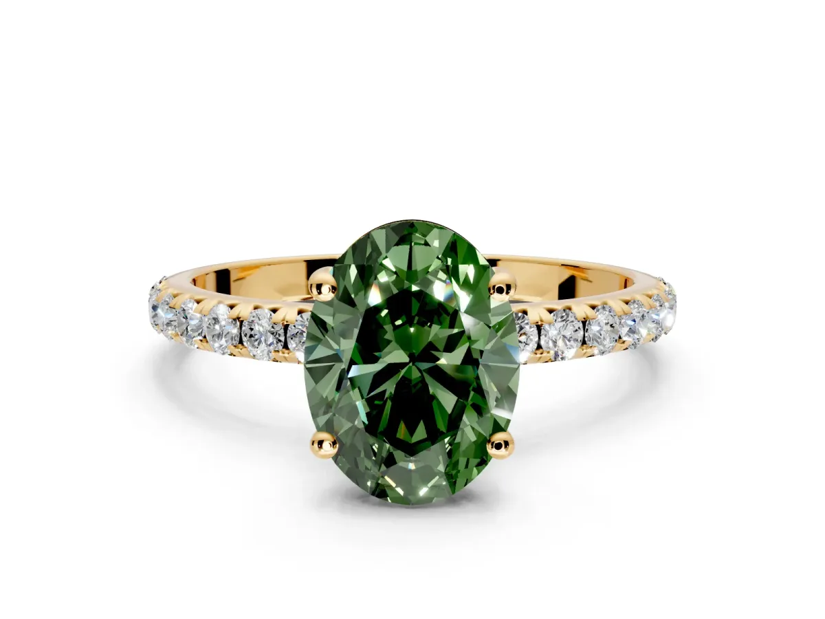 Solitaire Engagement Ring Setting for Fancy Green Oval Center with Micro Pave Band and Prong Head in Yellow Gold