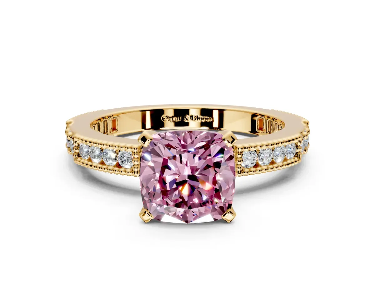 Solitaire Engagement Ring Setting for Fancy Pink Cushion Cut Center with Milgrain-Edged Pave Band and Prong Head in Yellow Gold