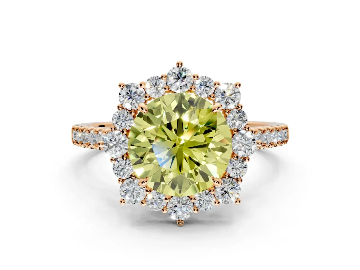 Halo Engagement Ring Setting for Fancy Yellow Round Cut Center with Single-Row Pave, Open Basket and Prong Head in Rose Gold