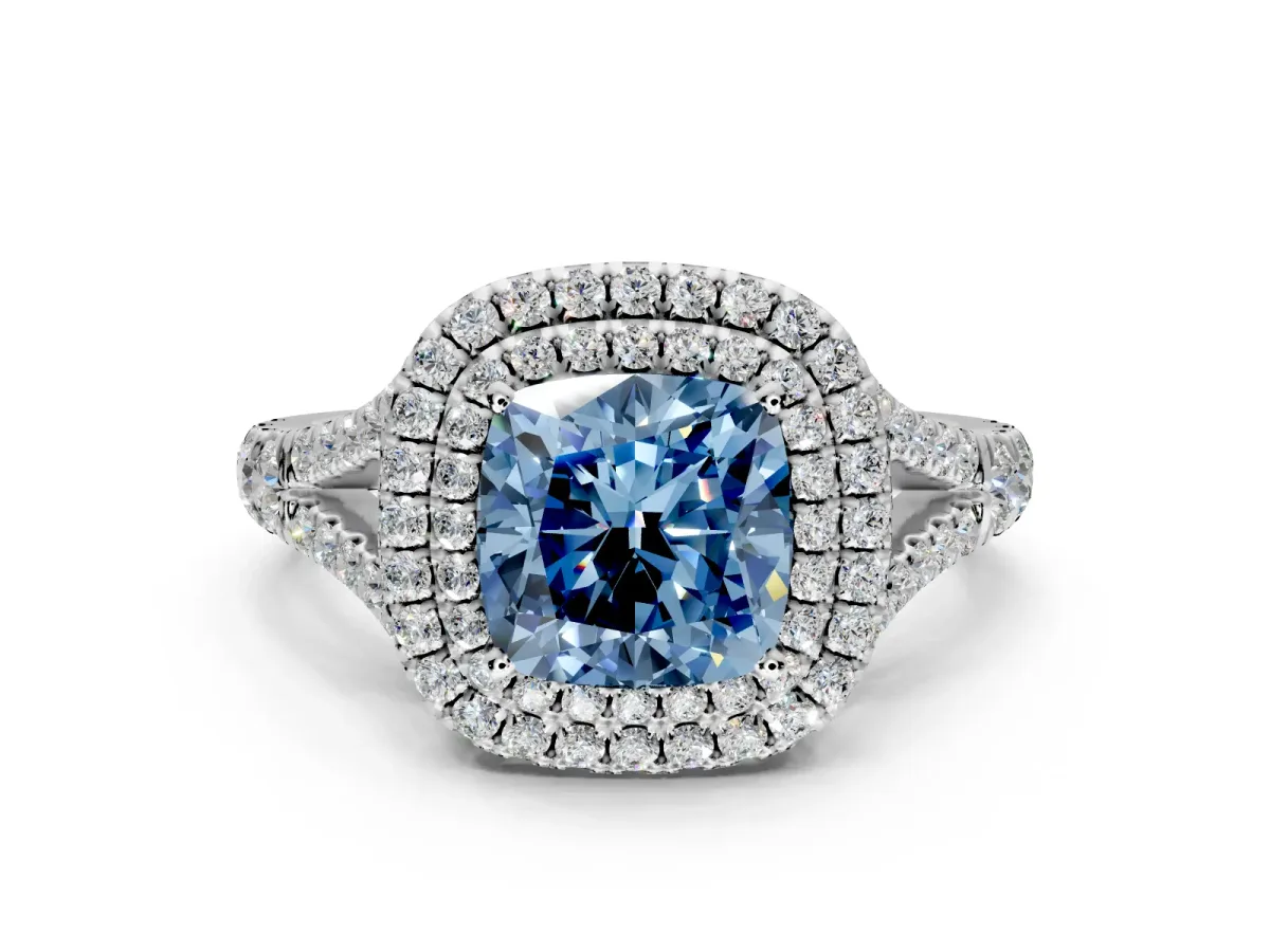 Double Halo Engagement Ring Setting for Fancy Blue Cushion Cut Center with Narrow Pave Split Shank and Prong Head in Platinum