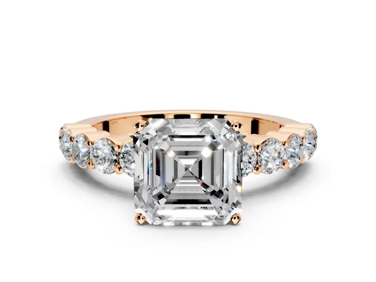 Shared-Prong Engagement Ring Setting for Asscher Cut Center with Graduated Accents and Prong Head in Rose Gold