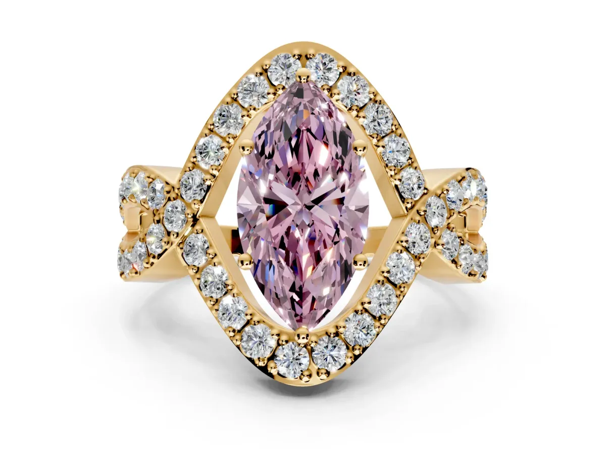 Halo Engagement Ring Setting for Fancy Pink Marquise Center with Pave Infinity Twist Band and Prong Head in Yellow Gold