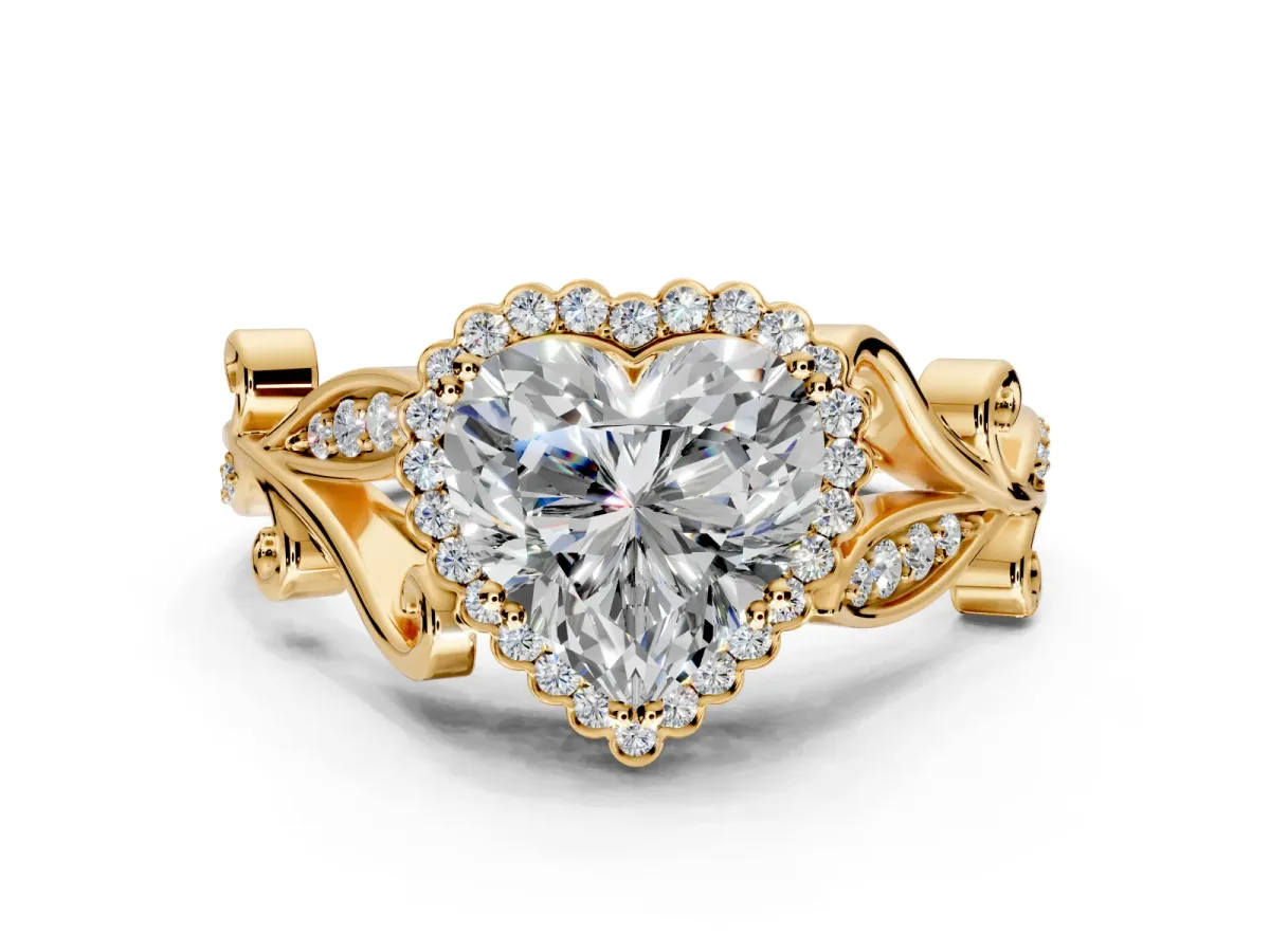 Halo Engagement Ring Setting for Heart-Shaped Center with Leaf Motif Split Shank and Prong Head in Yellow Gold