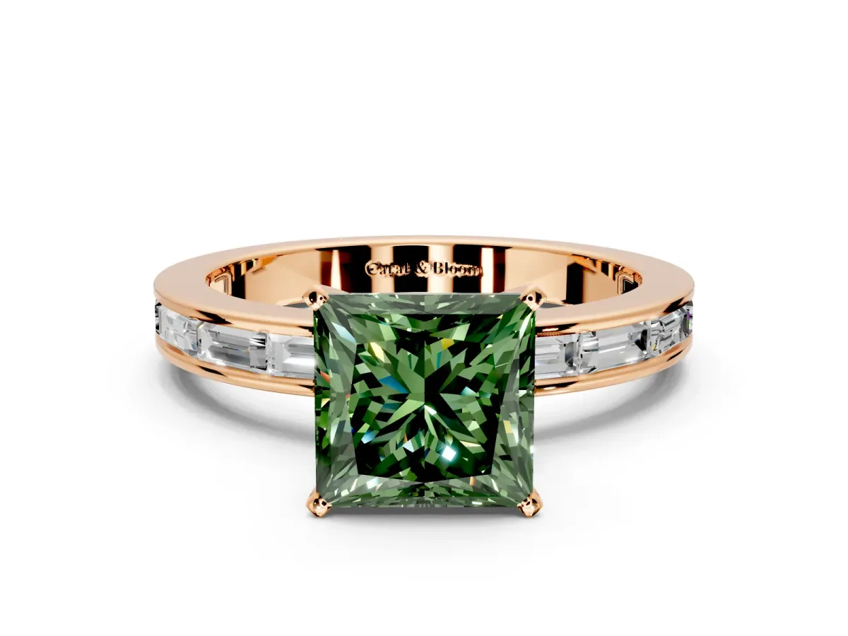 Solitaire Engagement Ring Setting for Fancy Green Princess Cut Center with Channel Baguette Band and Prong Head in Rose Gold