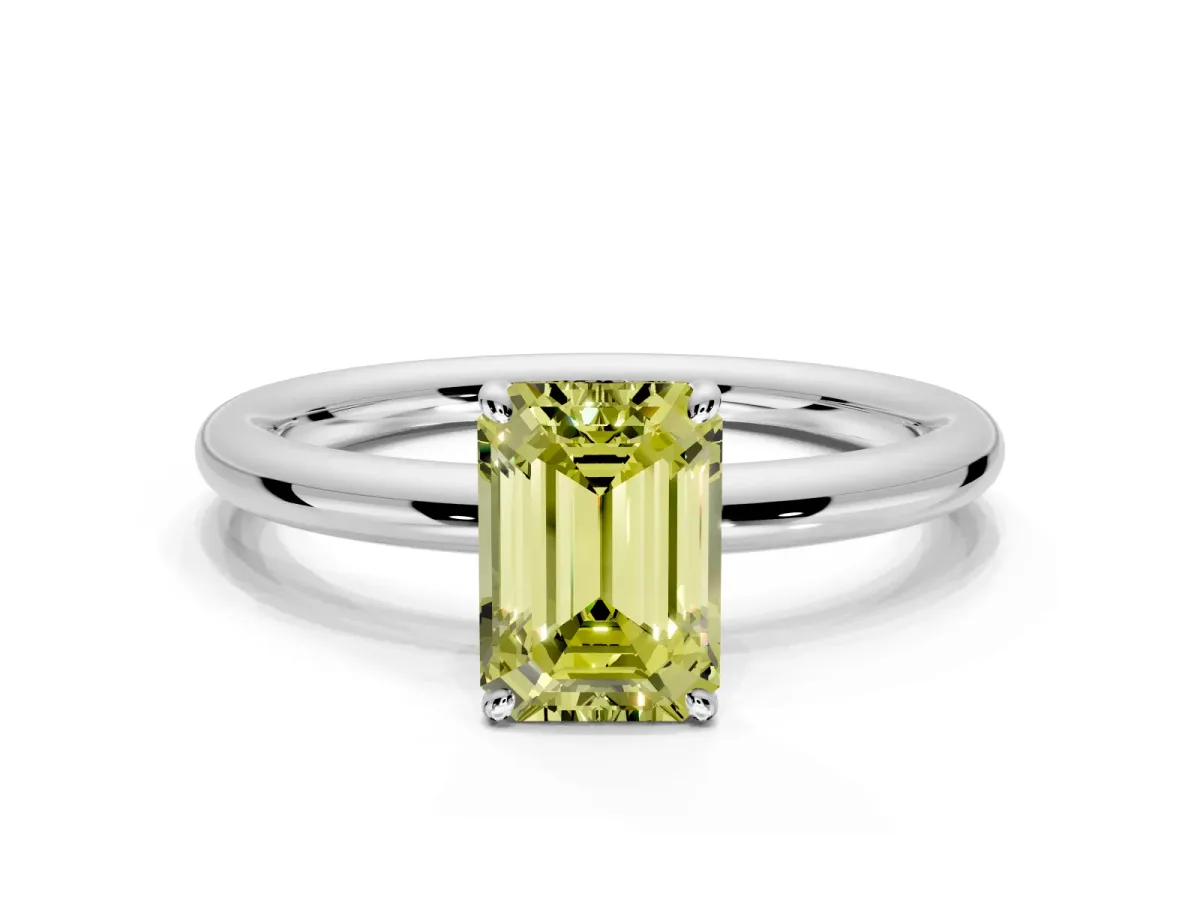 Low-Set Solitaire Engagement Ring Setting for Fancy Yellow Emerald Cut Center with Thin Plain Band and Prong Head in White Gold