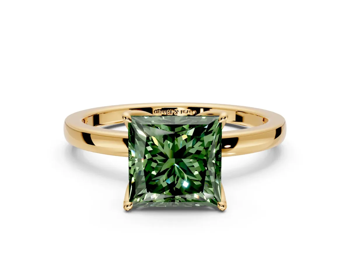 Solitaire Engagement Ring Setting for Fancy Green Princess Cut Center with Thin Rounded Plain Band and Prong Head in Yellow Gold