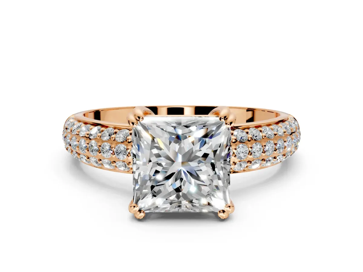 Solitaire Engagement Ring Setting for Princess Cut Center with Multi-Row Pave Accents and Basket Head in Rose Gold
