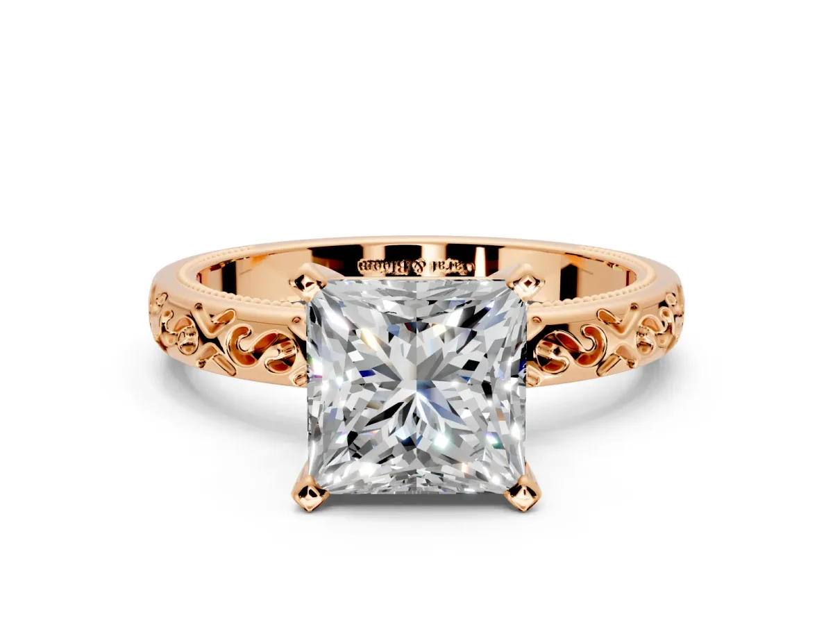 Solitaire Engagement Ring Setting for Princess Cut Center with Scrollwork Band and Prong Head in Rose Gold