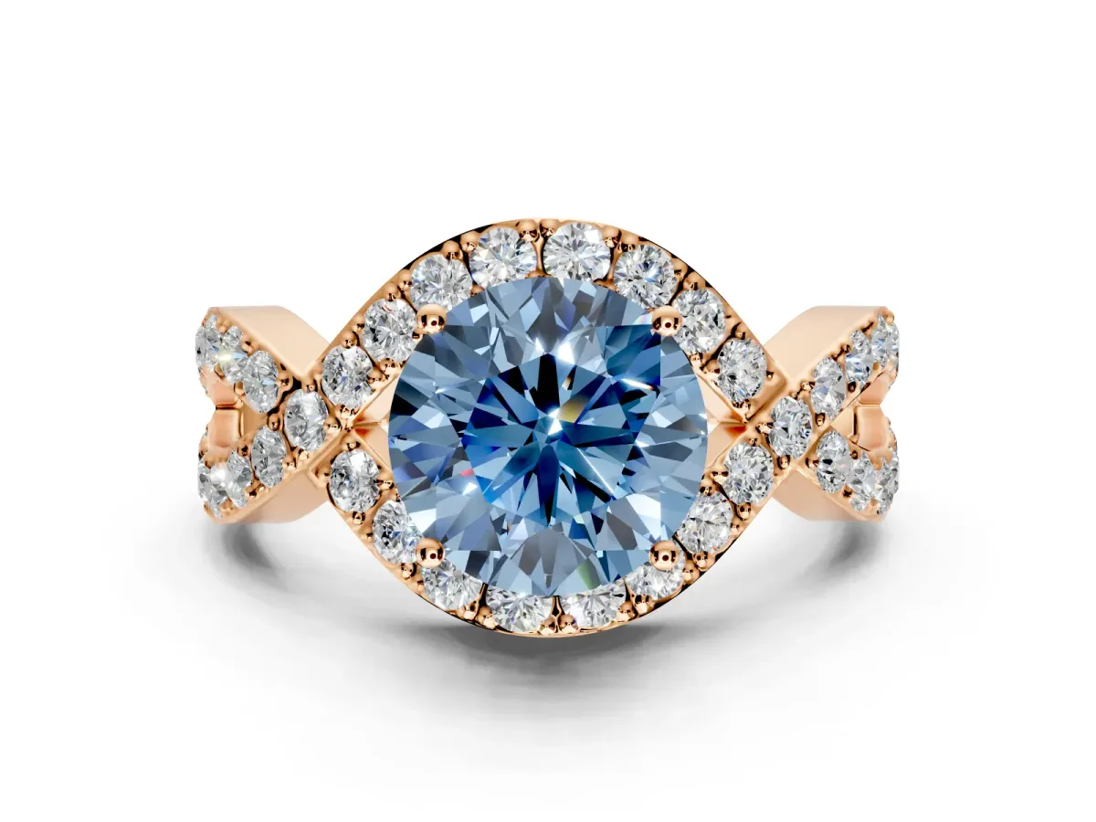 Halo Engagement Ring Setting for Fancy Blue Round Cut Center with Pave Infinity Twist Band and Prong Head in Rose Gold
