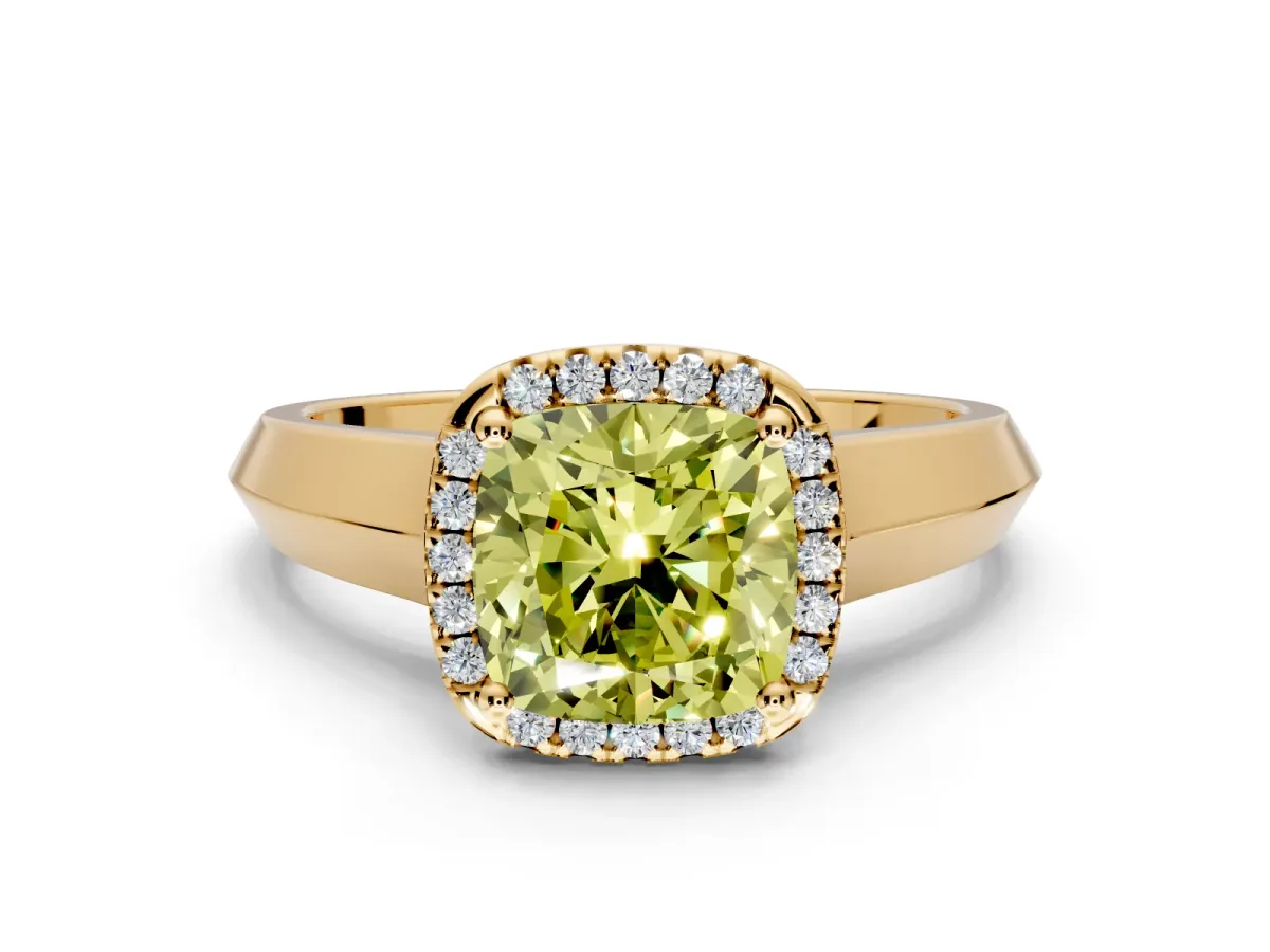 Halo Engagement Ring Setting for Fancy Yellow Cushion Cut Center with Knife Ridge Cathedral Band and Prong Head in Yellow Gold