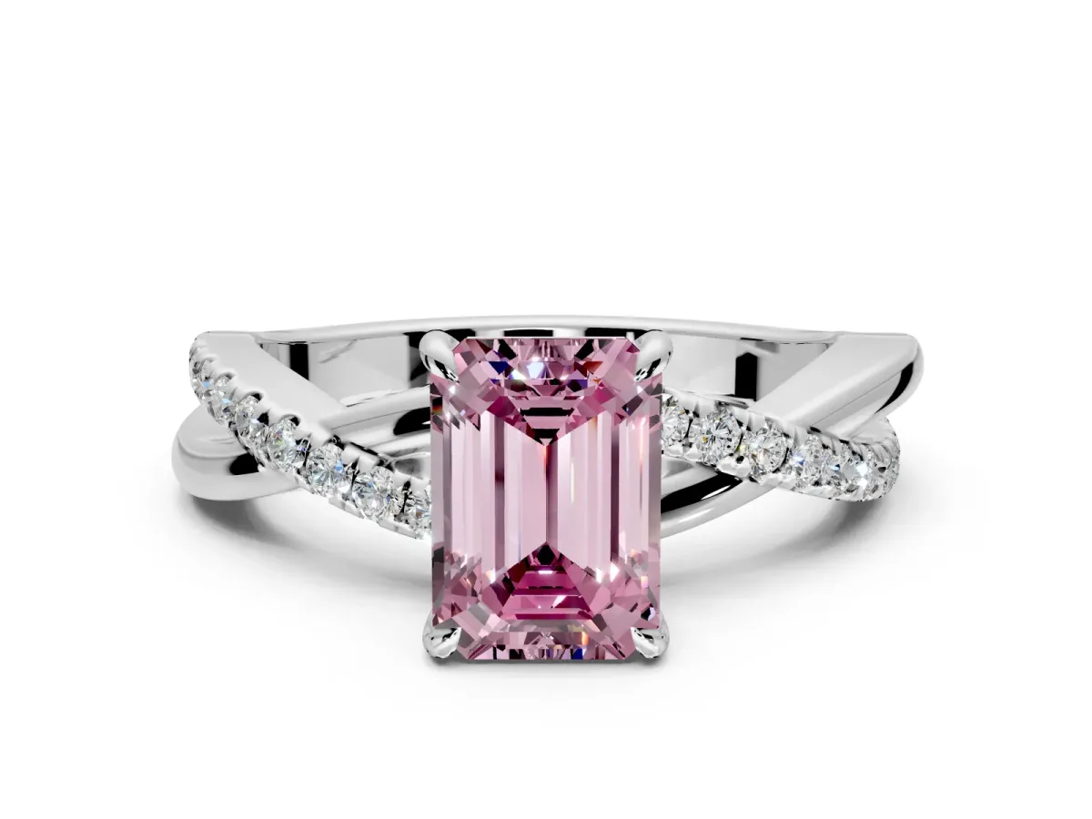 Crossover Engagement Ring Setting for Fancy Pink Emerald Cut Center with Pave and Plain Strands and Prong Head in Platinum