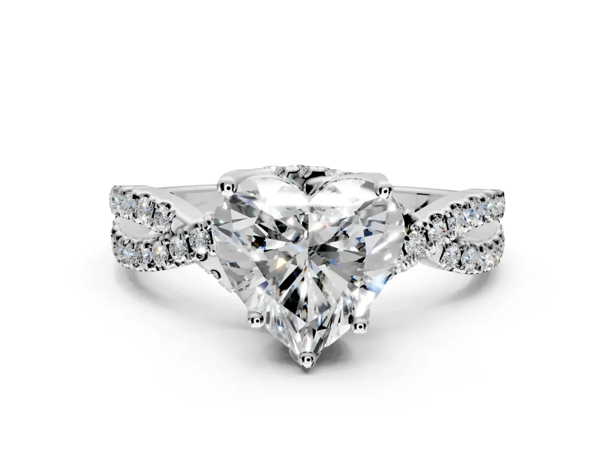 Solitaire Engagement Ring Setting for Heart-Shaped Center with Narrow Twist Pave Band and Prong Head in Platinum