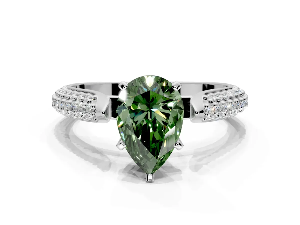 Solitaire Engagement Ring Setting for Fancy Green Pear-Shaped Center with Multi-Row Accents and Prong Head in White Gold