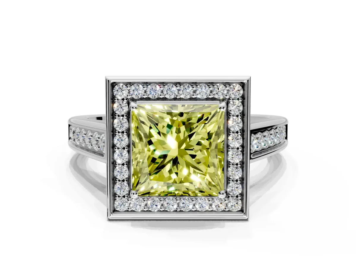 Halo Engagement Ring Setting for Fancy Yellow Princess Cut Center with Outer Bezel Rim, Pave Band and Prong Head in Platinum