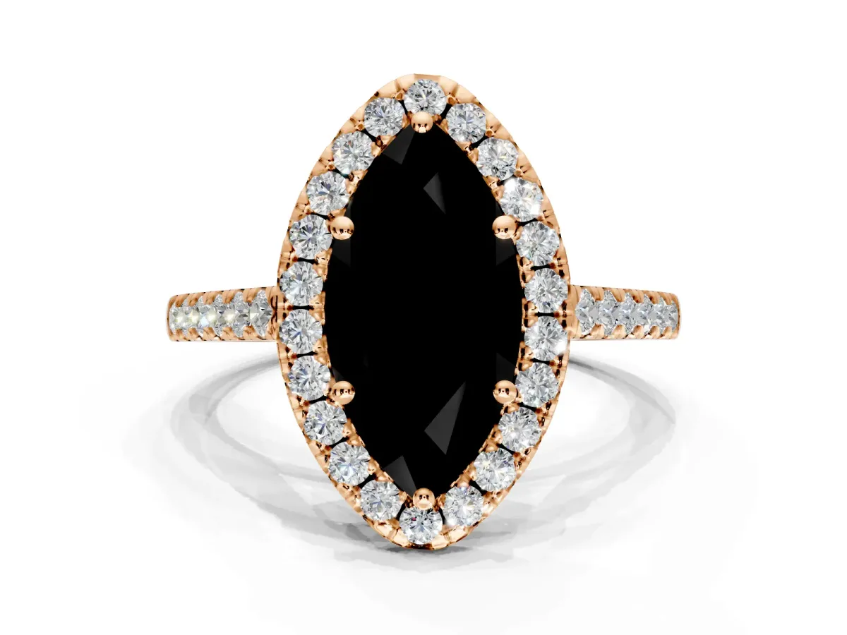 Halo Engagement Ring Setting for Fancy Black Marquise Center with Narrowing Pave Band and Prong Head in Rose Gold