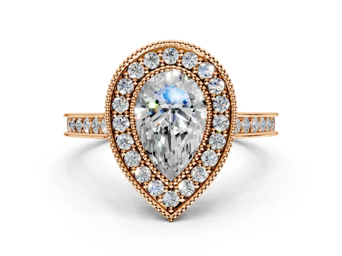 Halo Engagement Ring Setting for Pear-Shaped Center with Milgrain Pave Band and Bezel Head in Rose Gold