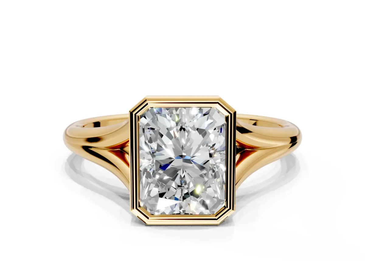Solitaire Engagement Ring Setting for Radiant Cut Center with V Split Shank and Bezel Head in Yellow Gold
