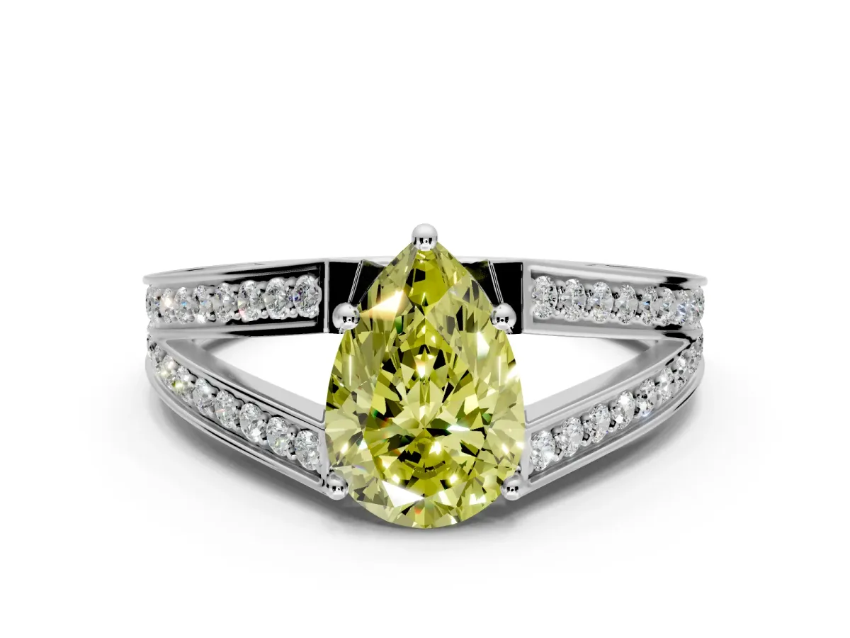 Split Shank Engagement Ring Setting for Fancy Yellow Pear-Shaped Center with Pave Split Shank and Prong Head in Platinum