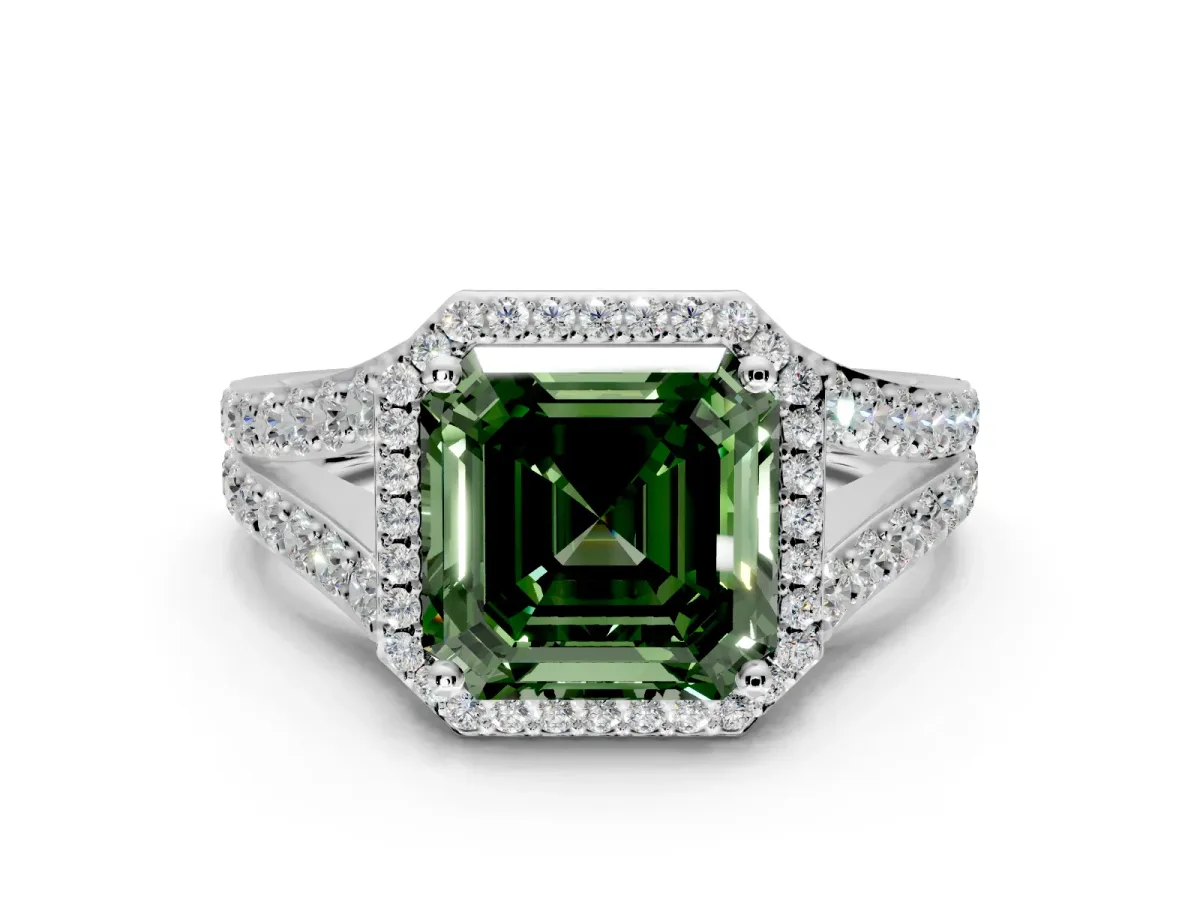 Halo Engagement Ring Setting for Fancy Green Asscher Cut Center with Narrow Pave Split Shank and Prong Head in White Gold