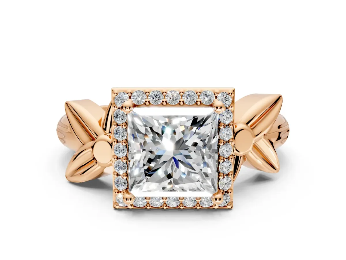 Halo Engagement Ring Setting for Princess Cut Center with Floral Band and Prong Head in Rose Gold