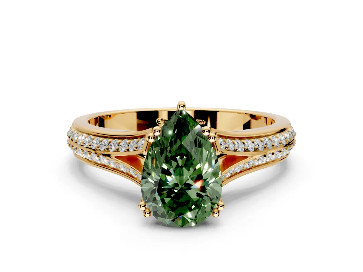 Solitaire Engagement Ring Setting for Fancy Green Pear-Shaped Center with Pave Rail Split Shank and Prong Head in Yellow Gold