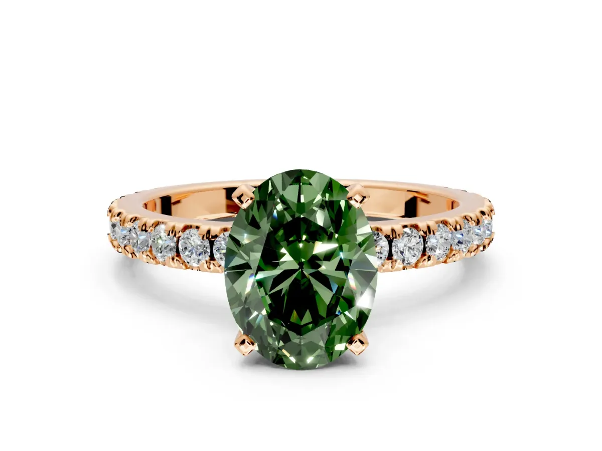 Solitaire Engagement Ring Setting for Fancy Green Oval Center with Fine Pave Band and Claw Prong Head in Rose Gold