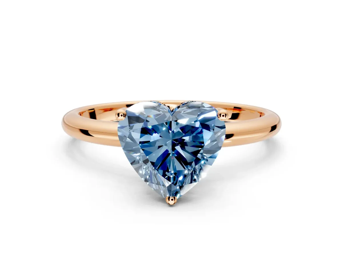 Hidden Halo Engagement Ring Setting for Fancy Blue Heart-Shaped Center with Thin Round-Wire Band and Prong Head in Rose Gold