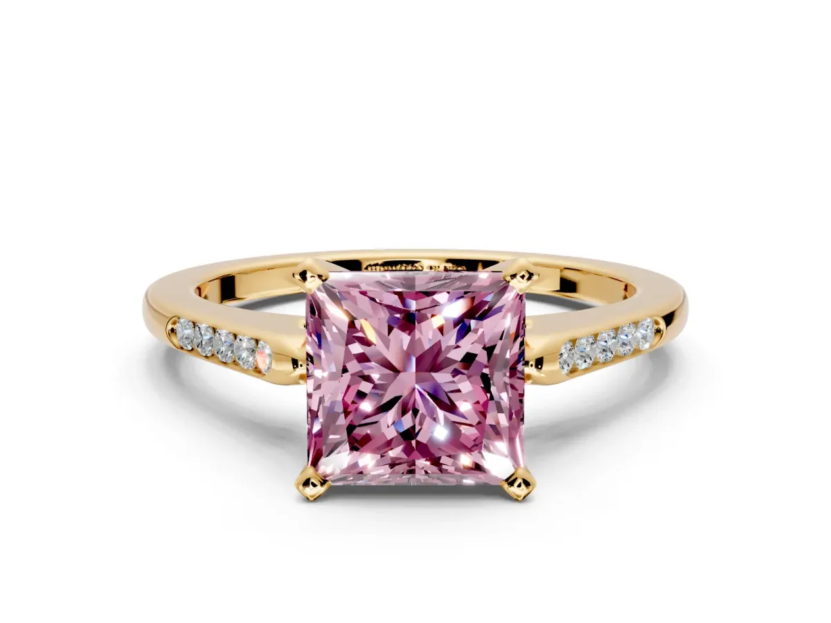 Solitaire Engagement Ring Setting for Fancy Pink Princess Cut Center with Channel Accents and Prong Head in Yellow Gold
