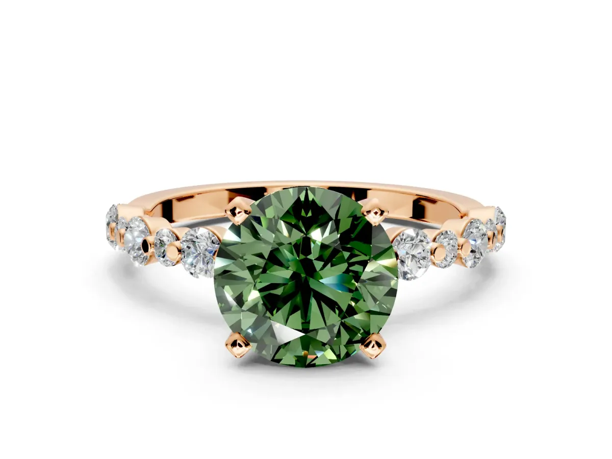 Solitaire Engagement Ring Setting for Fancy Green Round Cut Center with Alternating Size Accents and Prong Head in Rose Gold