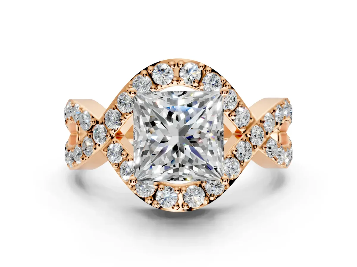 Halo Engagement Ring Setting for Princess Cut Center with Pave Infinity Twist Band and Prong Head in Rose Gold